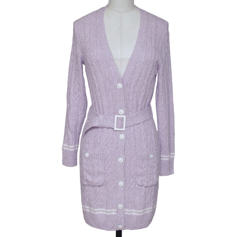 CHANEL Cardigan Sweater Knit Top Lavender White Long Sleeve Belt V-Neck 34 2022